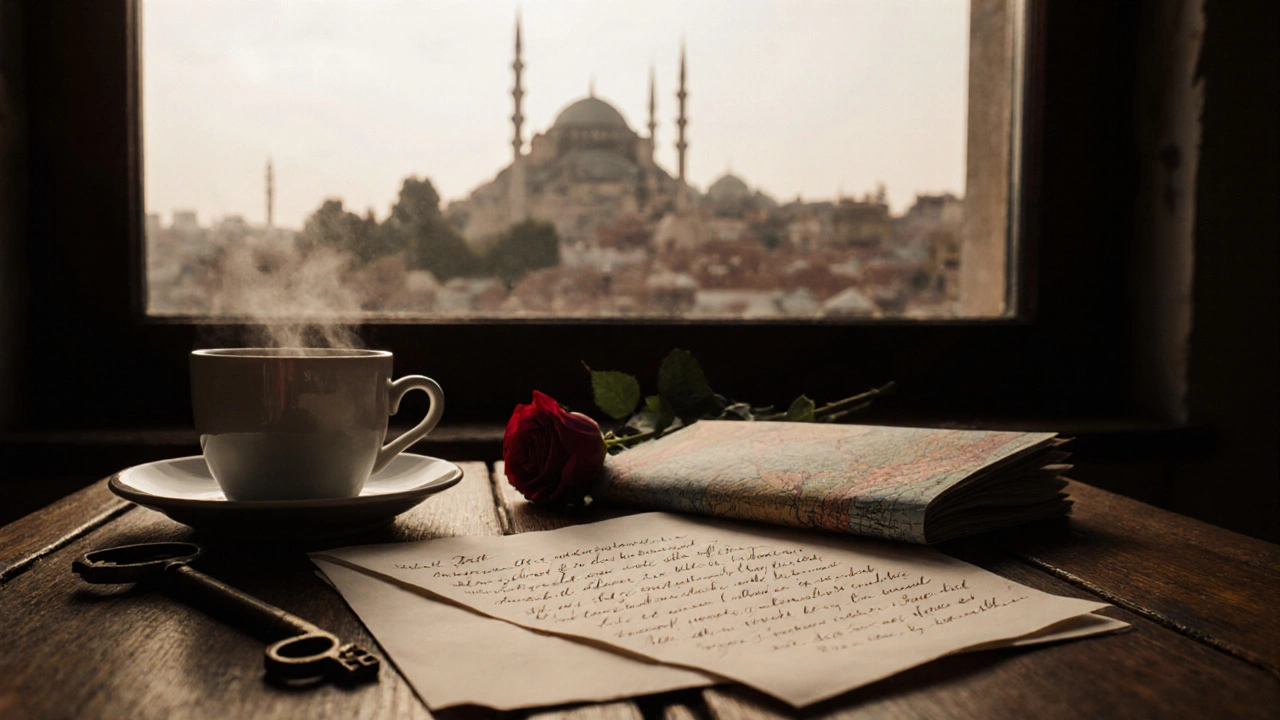 Bir fincan Türk kahvesi, el yazısı mektup ve kırmızı gül, tarihi İstanbul manzarasının önünde.