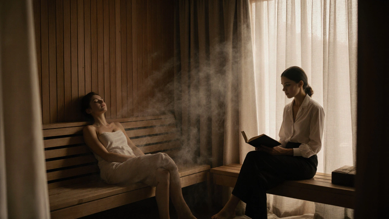 Bir kadın sauna odasında rahatlar, yanındaki eşlikçi kitap okur.