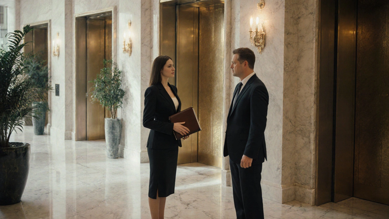 Bir otel lobby'sinde, profesyonel bir kadın ve iş adamı saygıyla karşılıyor.
