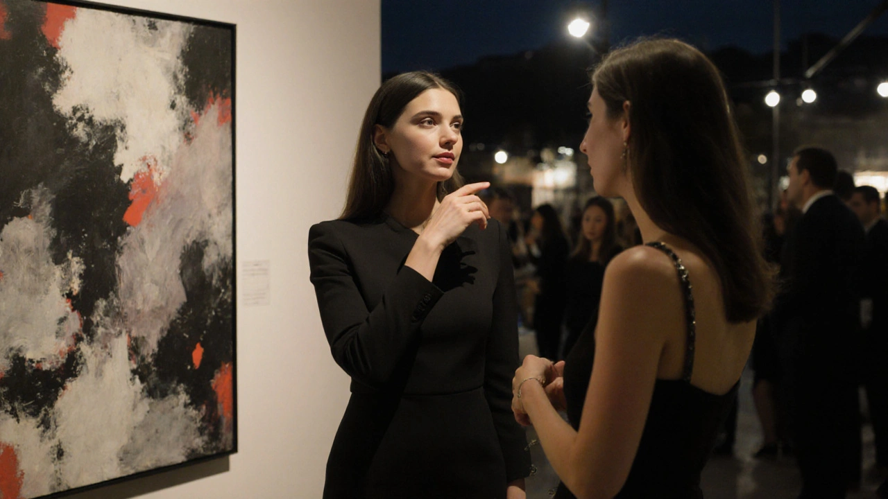 Bir sanat galerisinde iki kişi, modern bir tabloya bakarken sohbet ediyor.