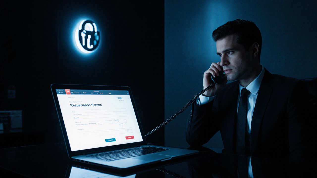 Güvenli rezervasyon odasında telefonla konuşan ajan.