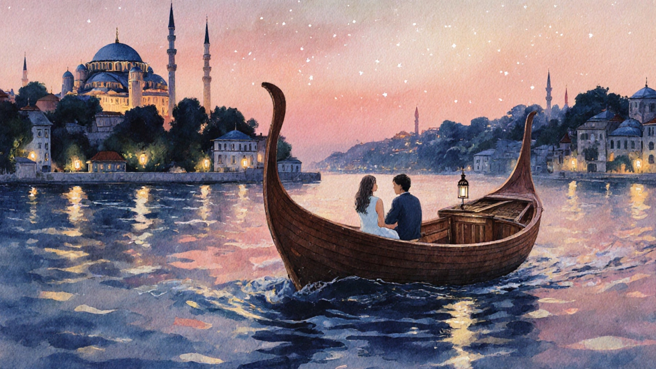 İki kişi, Bosphorus üzerinde sessizce yelkenliye binmiş, gökyüzü pembe ve mor tonlarda.