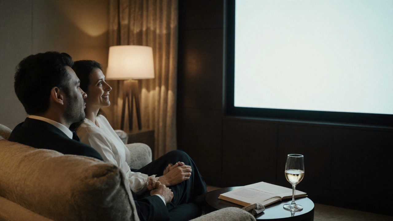 İki kişi, lüks bir otel odasında bir film izlerken hafif bir sohbet ediyor.