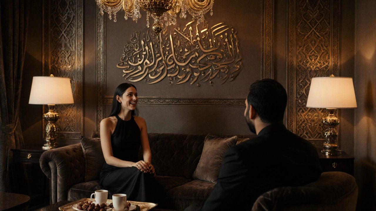 Lüks bir otel odasında modern Arap escort ve misafiri kahve paylaşırken gülümsüyor.