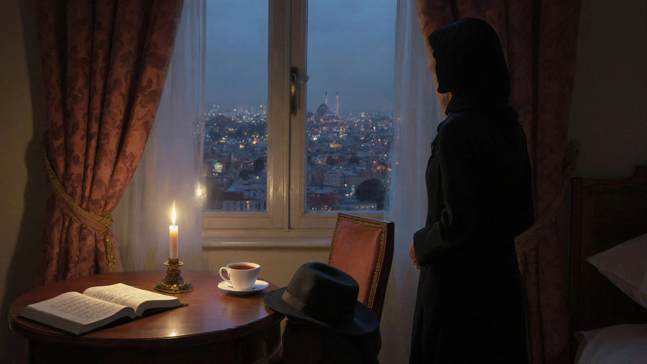 Otel odasında çay ve şiir kitabıyla sakin bir atmosfer.