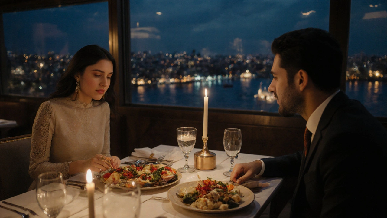 Restoranda orta doğu yemekleri eşliğinde iki kişi yemek yiyor.