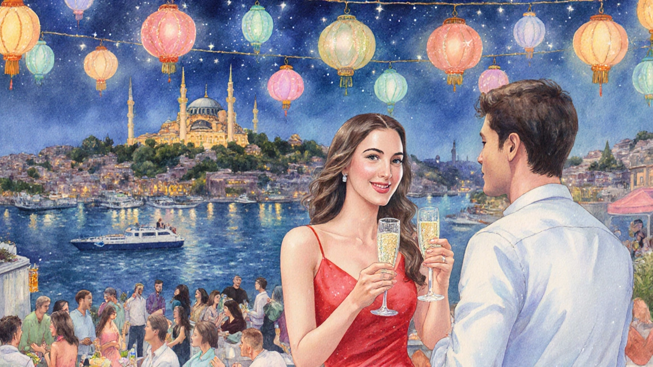 Rooftop barda şampanya içen çift, Bosphorus manzarası.