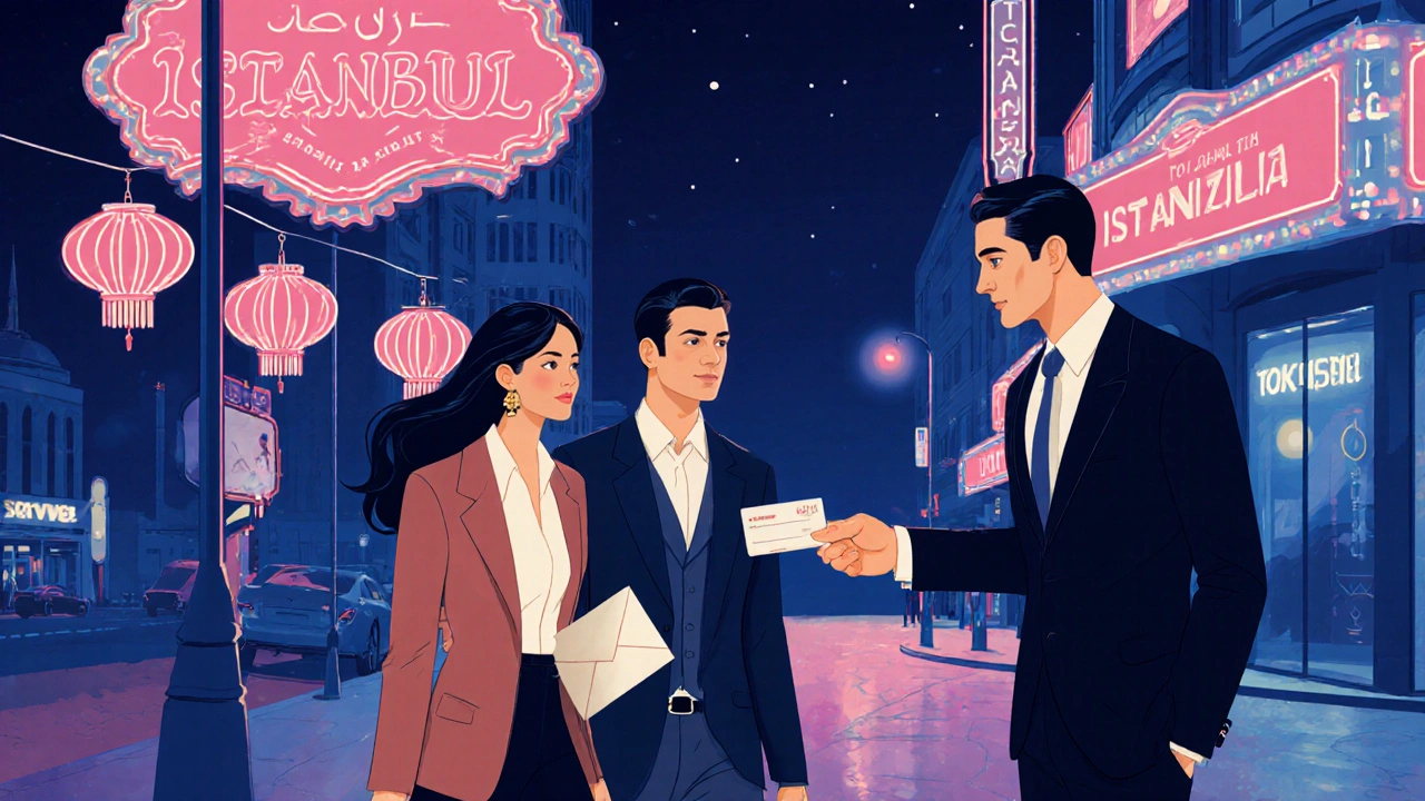 Taksim civarında neon ışıklı bir gece yürüyüşü, concierge anahtar kartı veriyor.