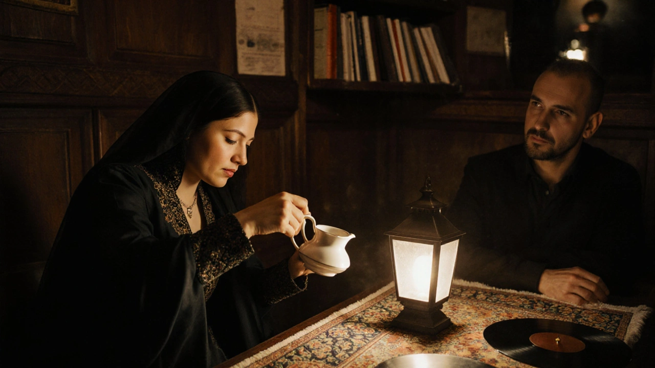 Bir çay evinde, bir kadın çay döküyor, erkek misafir dikkatle dinliyor, sıcak ışıkta sessiz bir an.