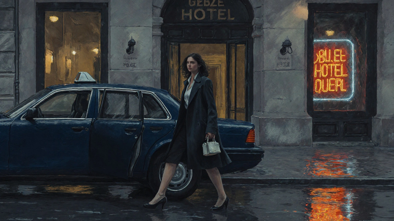 Bir escort, Gebze Merkez&#039;de bir otelin girişinde gece yağmurlu yoldan indiriliyor.