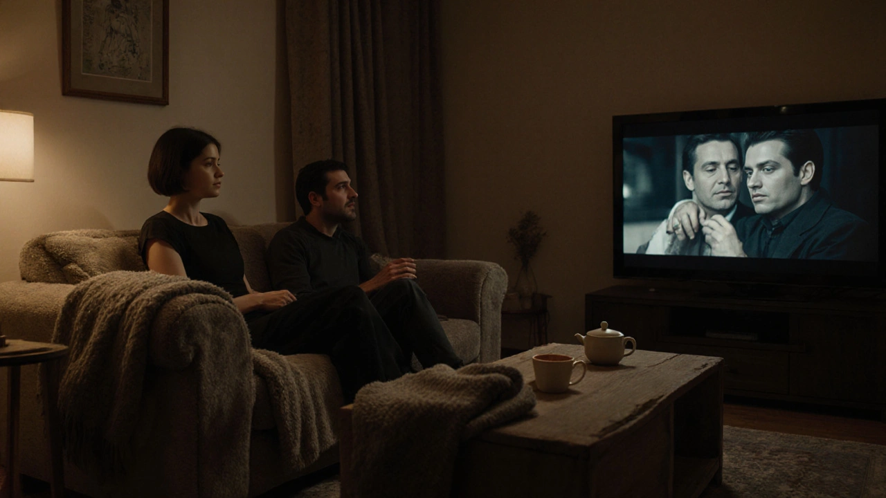 Bir evde, bir kadın ve bir erkek film izlerken rahat bir şekilde oturuyor.