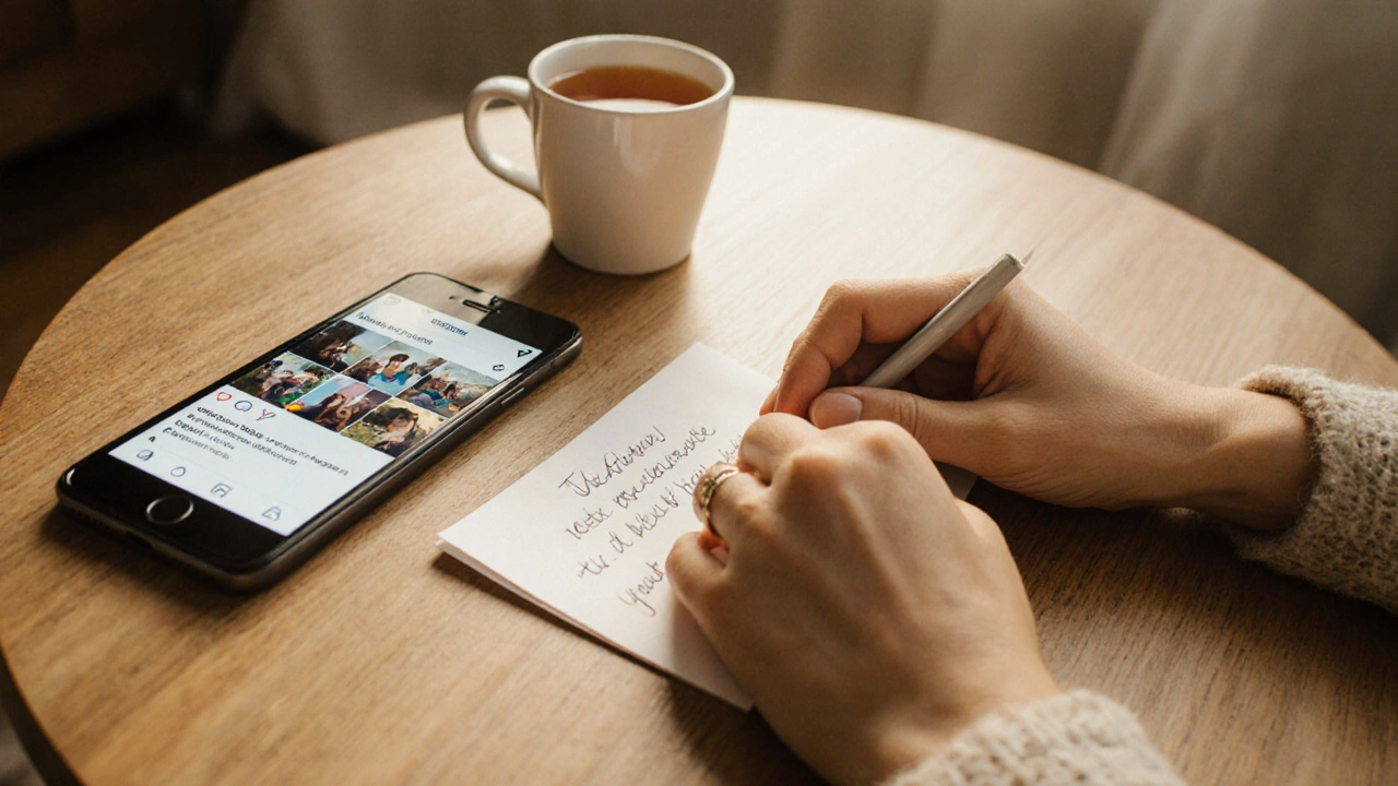 Bir kadın, Instagram profili görünen bir telefonun yanına çay ve el yazısı bir not koyuyor, sıcak ışıkta.