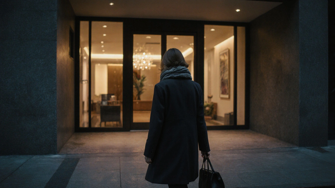 Bir kadın, İstanbul&#039;un Nişantaşı semtindeki bir apartmanın girişine doğru yürüyor, gizlilik ve güven hissi veriyor.