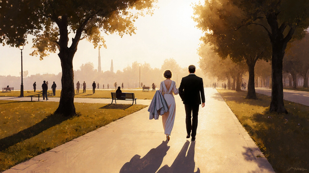 Bir kadın ve bir erkek, akşam saatlerinde Başakşehir&#039;de bir parkta hafifçe yürüyor.