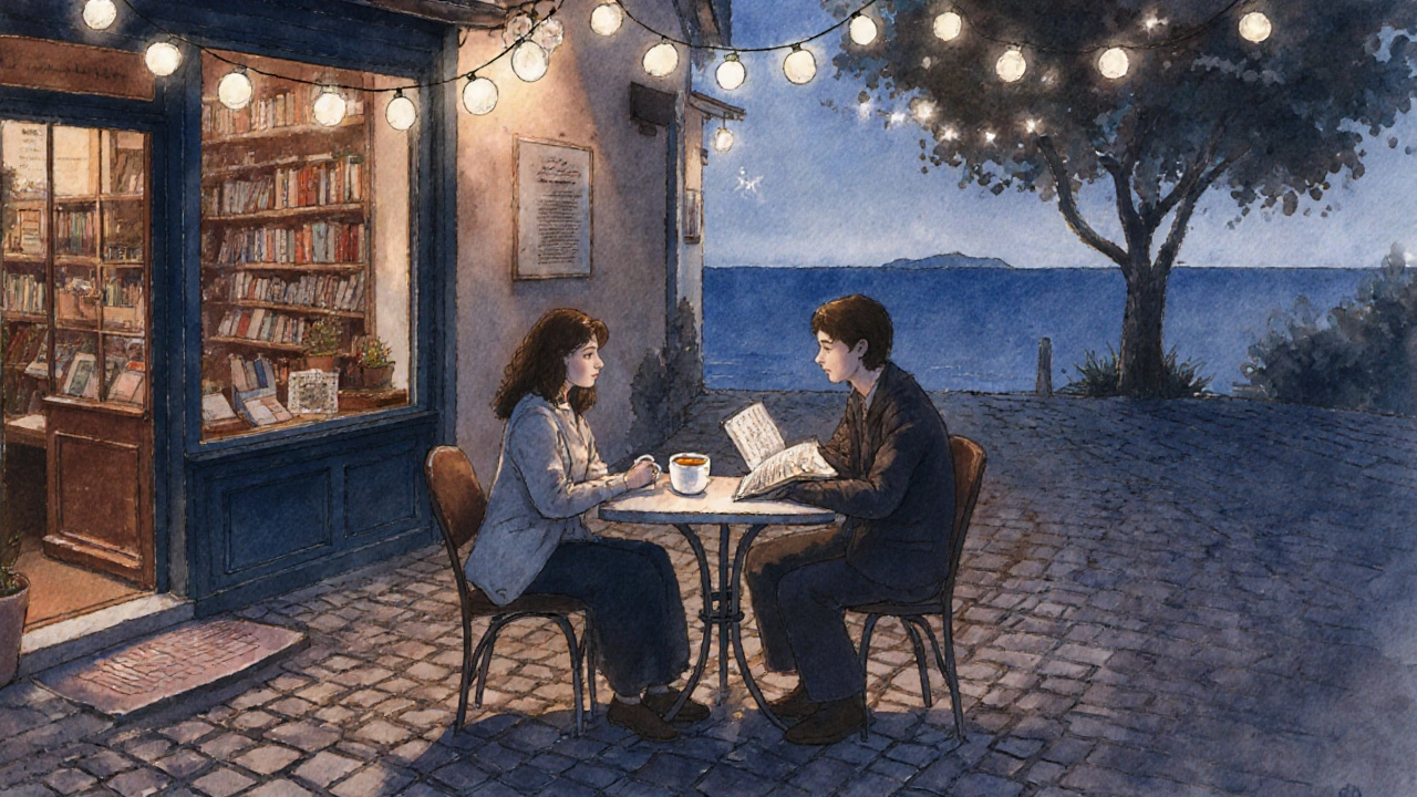 Bir kadın ve eşliği, Celaliye&#039;de küçük bir kafede sessizce birbirine bakıyor, kitap ve kahveyle.