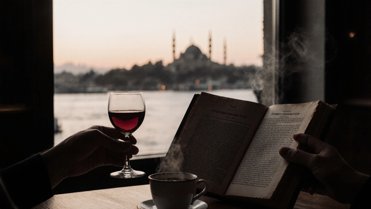 Bir kafede iki el, bir şarap bardağı ve bir kitap üzerinde yaklaşıyor, arka planda Boğaz manzarası.