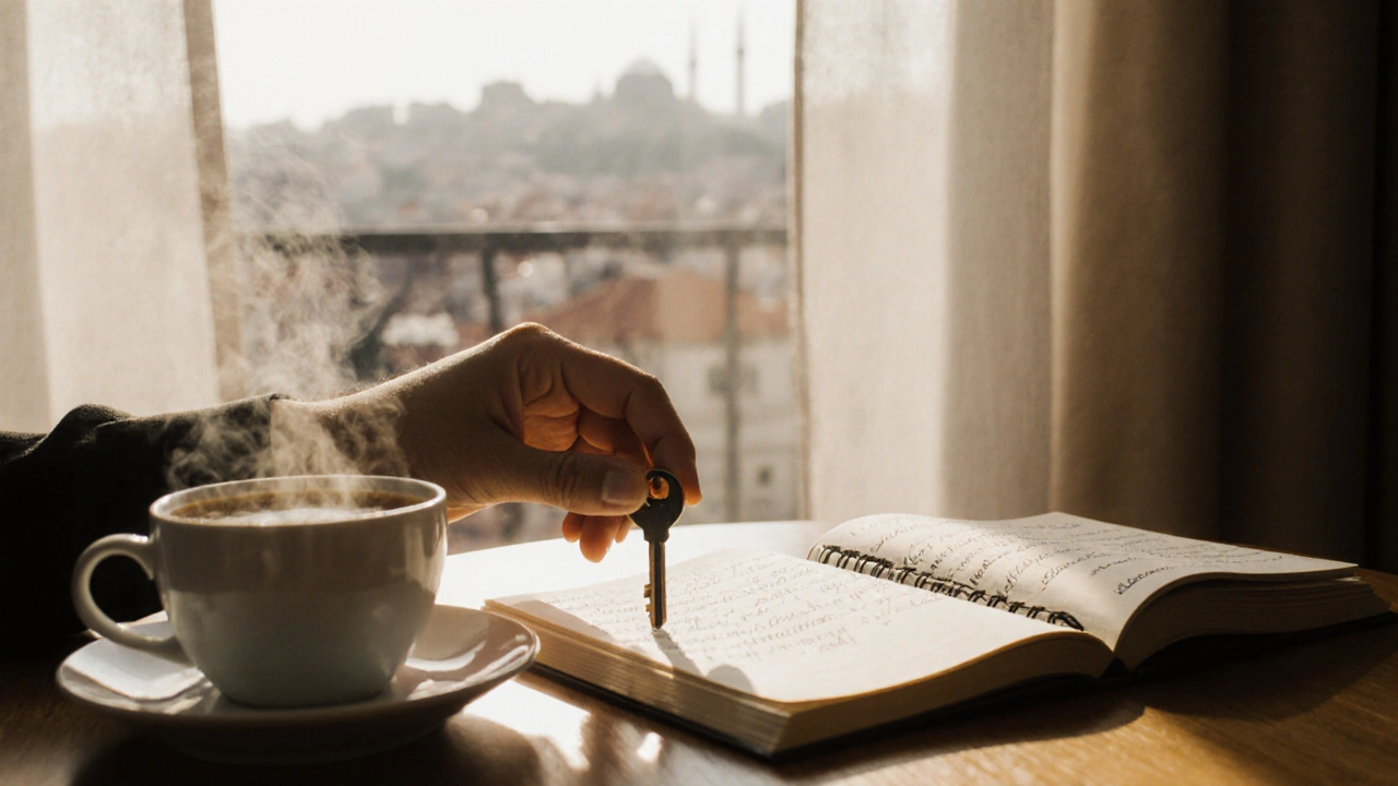 Bir kahve fincanı, bir anahtar ve bir günlük, pencereden gelen ışıkla aydınlatılmış bir masada.
