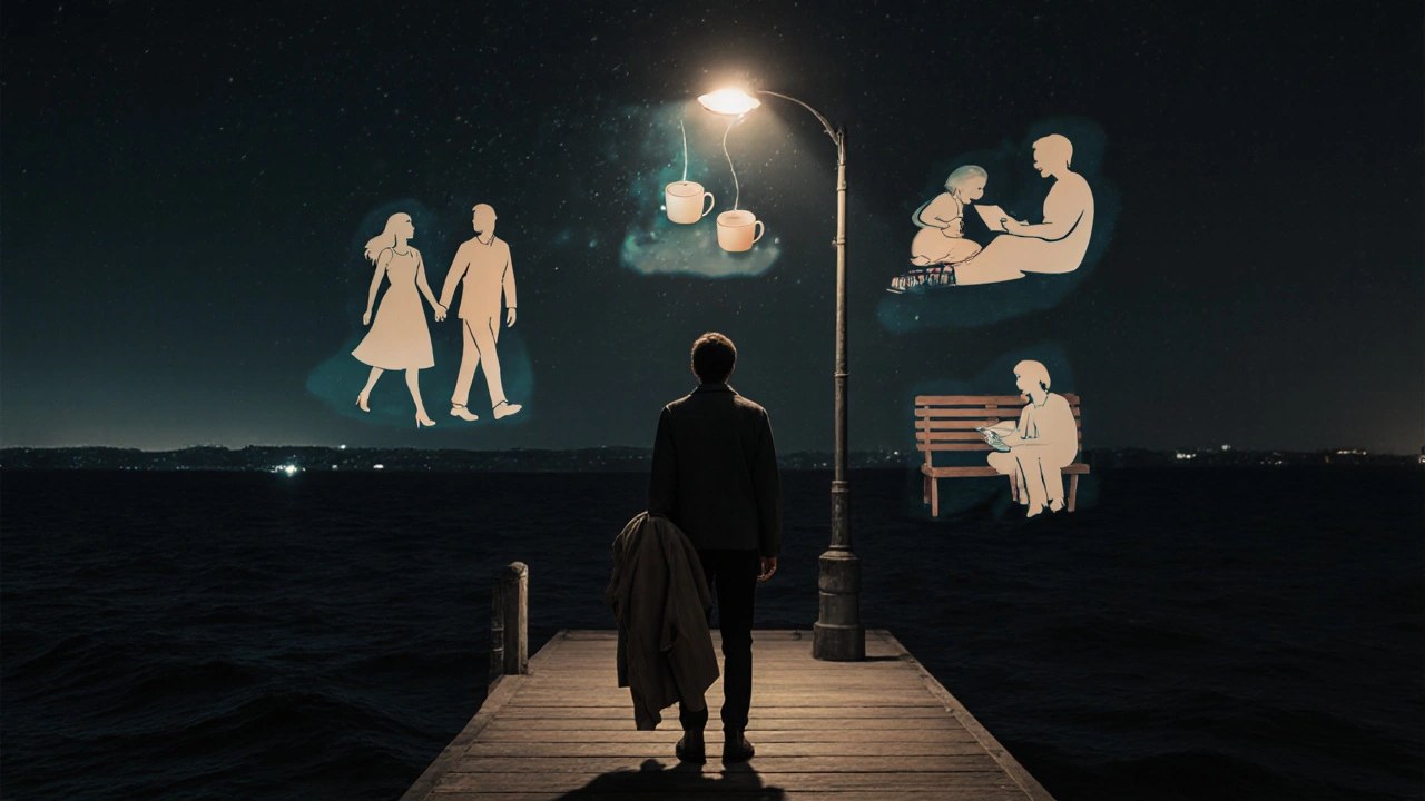 Bir kişi, Celaliye&#039;nin bir iskelesinde denize bakıyor, arkasında duygusal anların şeffaf silüetleri.