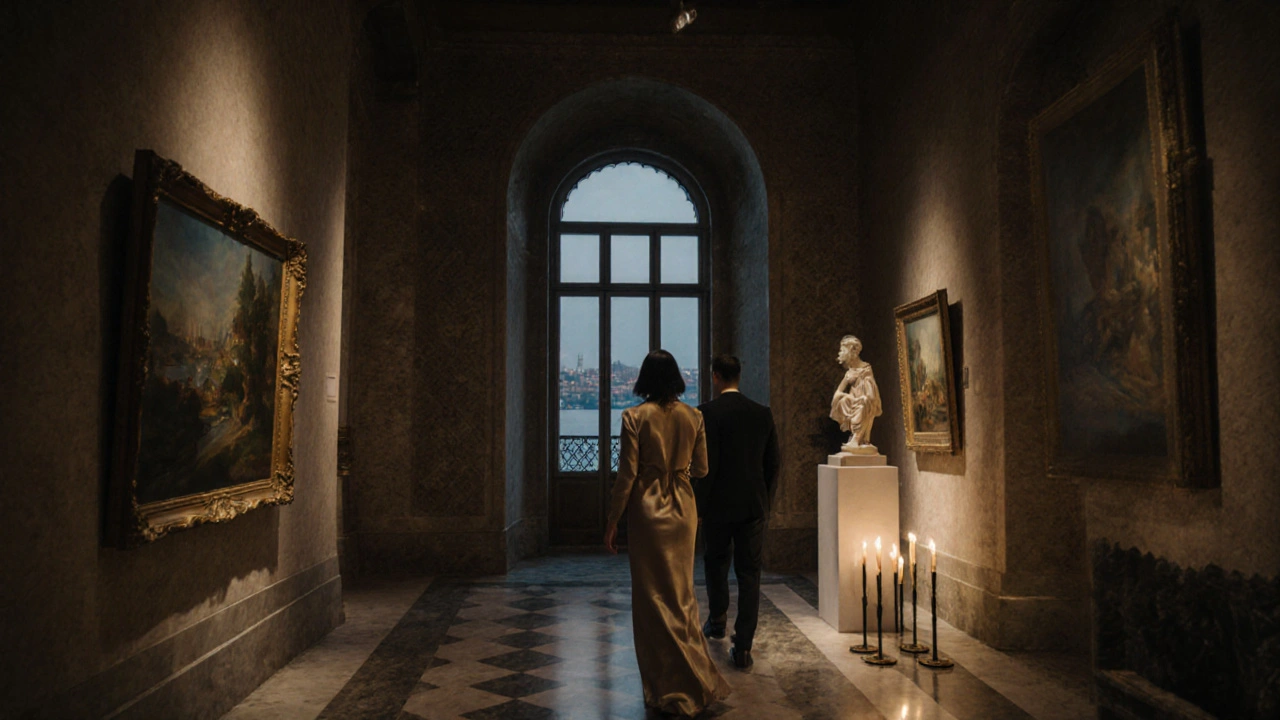 Bir Osmanlı mansiyonunda, bir VIP eşlikçi bir sanat galerisinde bir misafiri yönlendiriyor.