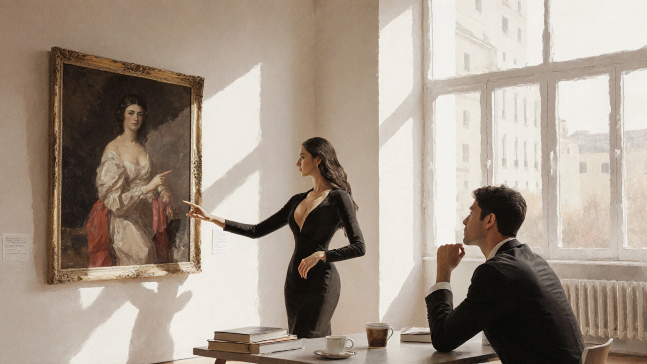 Bir sanat galerisinde, bir kadın bir tabloyu anlatırken bir erkek dikkatle dinliyor.