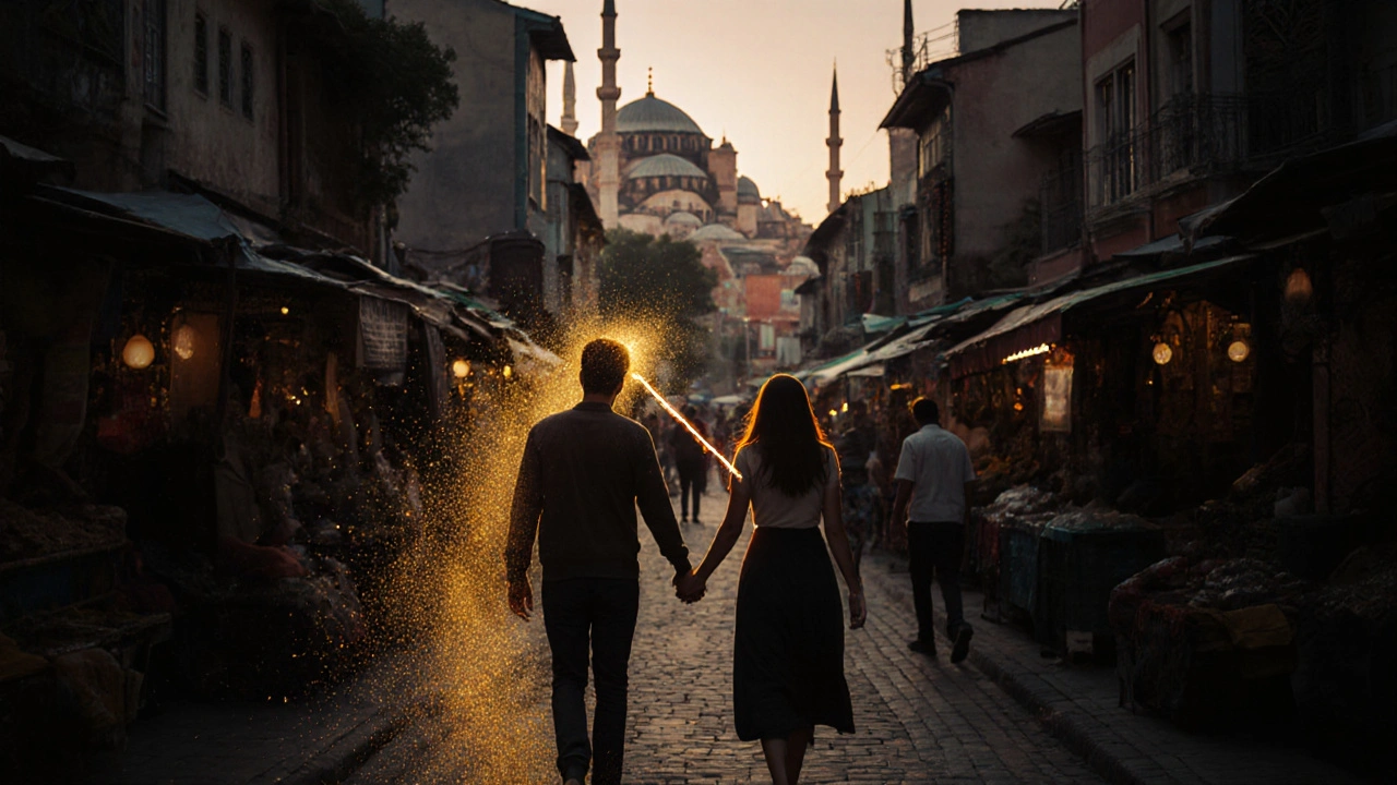 Bir turist ve bir kadın, İstanbul sokaklarında bağ kurarken ışık izi bırakıyor.