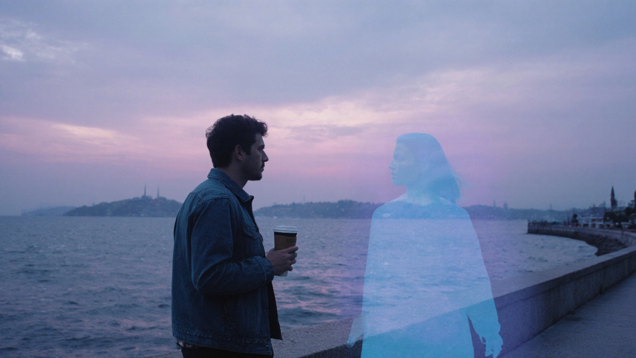 Bir yolcu, Bosphorus kıyısında gülümseyen bir figürün transparan iziyle yürüyor.