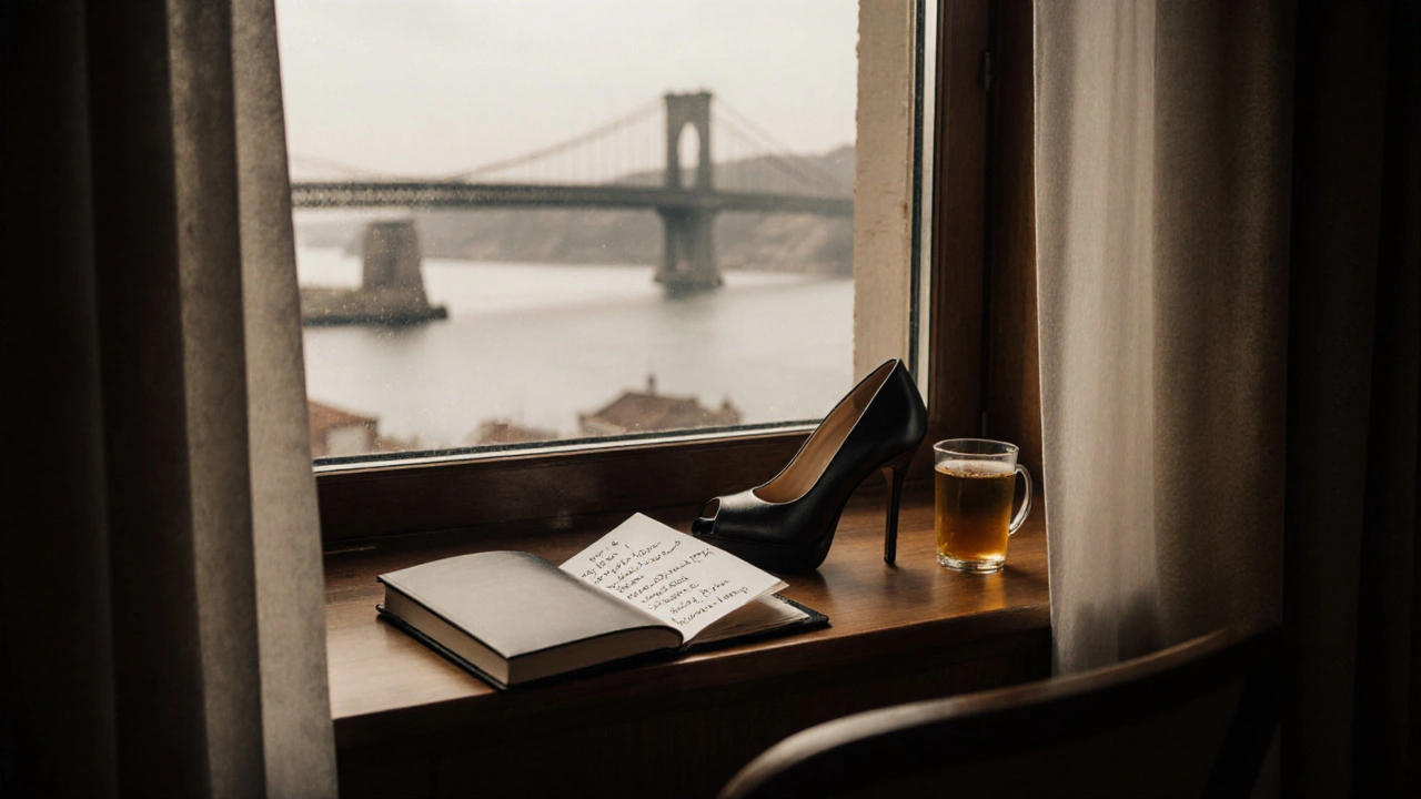 Boutique otel penceresinde bir ayakkabı ve günlük, geçici bir bağın izini taşıyor.