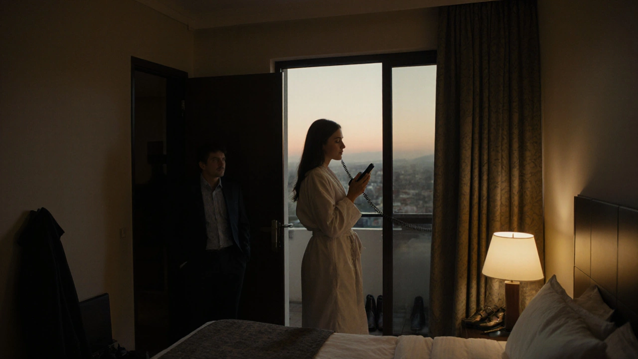 Çatalca&#039;da bir otel odasında, profesyonel bir kadın pencereye bakarken, erkeğin giysileri düzgünce duruyor.