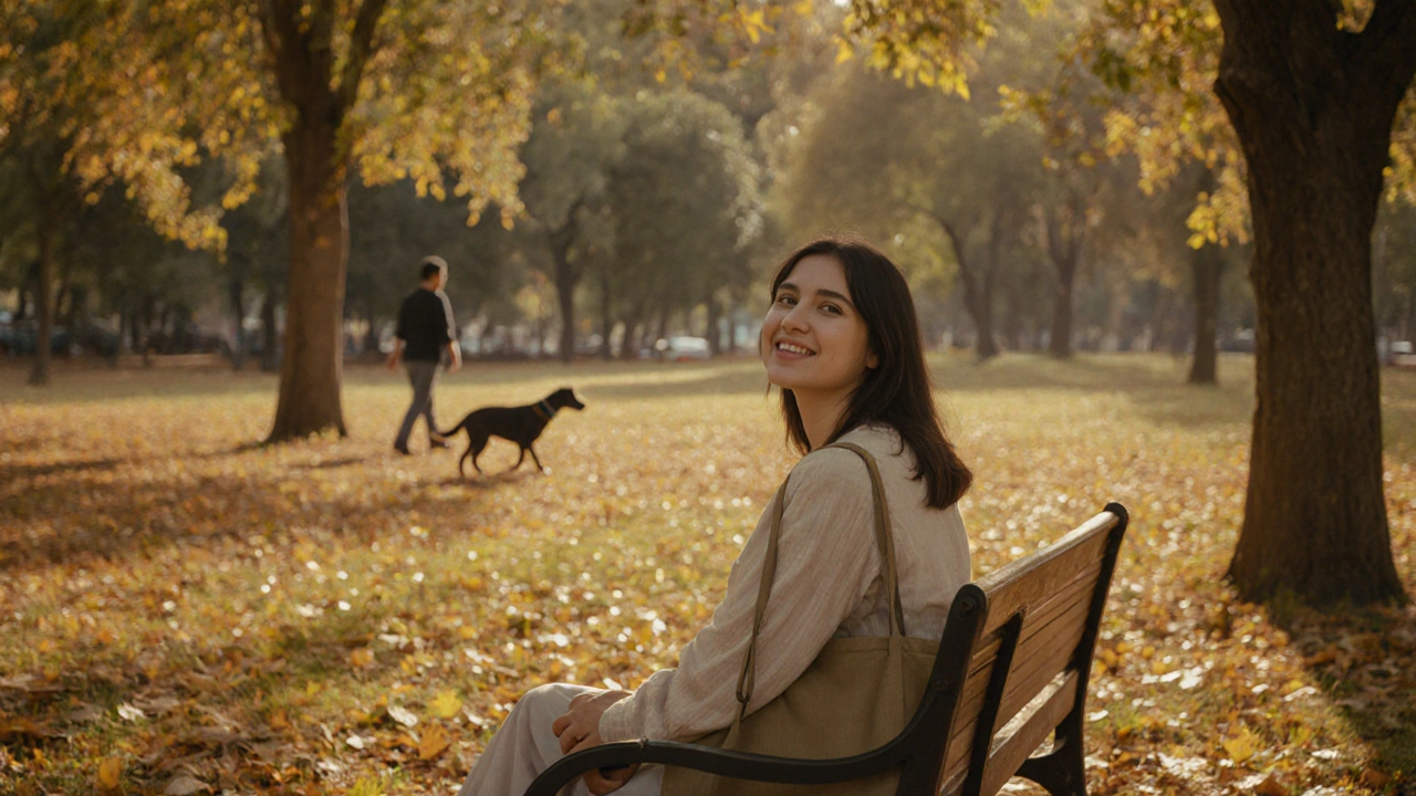 Çatalca'da bir parkta, bir kadın yapraklar arasında düşünceli bir şekilde duruyor.