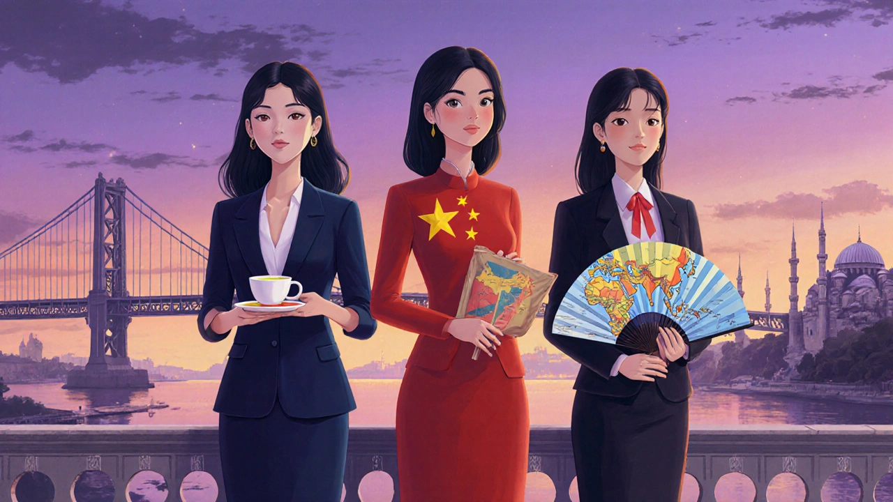 Çin, Tayland ve Vietnam kökenli üç kadın, Avrupa ve Asya&#039;yı birleştiren bir köprüde duruyor.