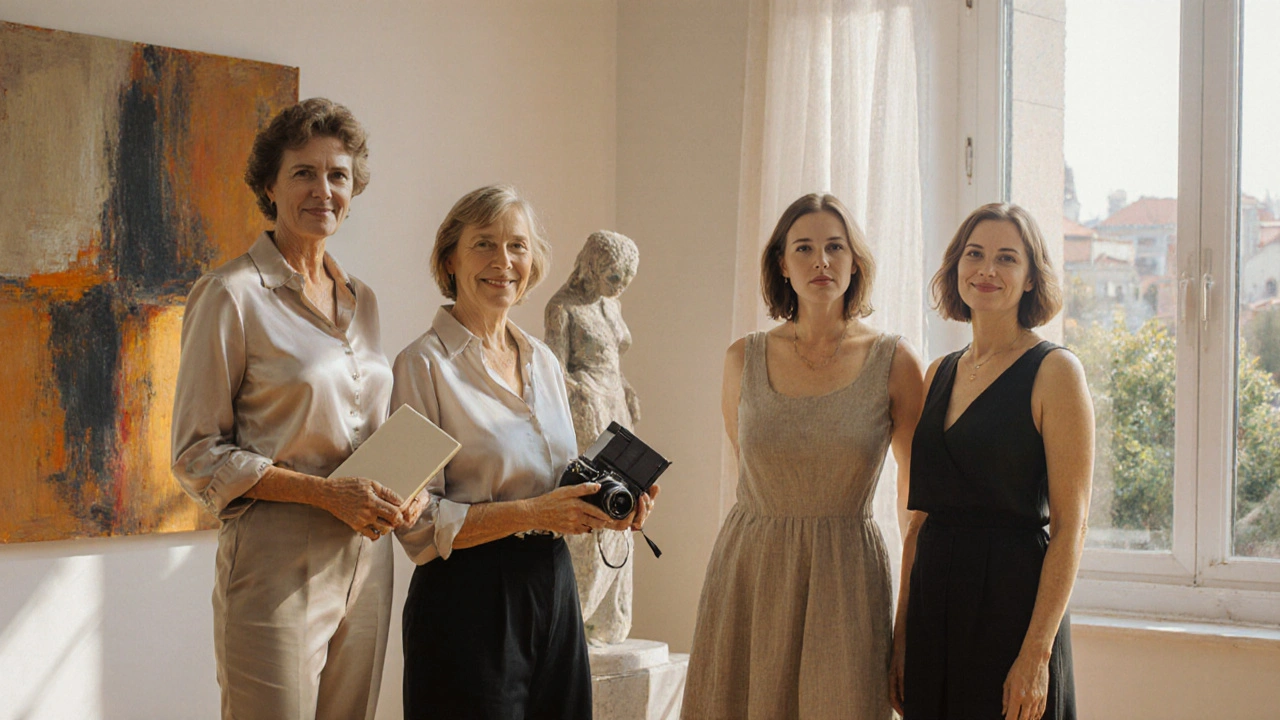 Dört farklı kadın, İstanbul&#039;da bir sanat galerisinde çeşitli aktiviteler yaparken.