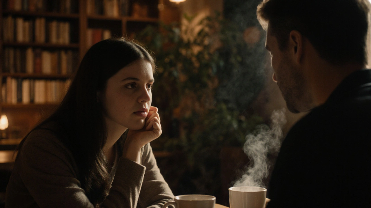 Esenyurt&#039;ta bir kafe&#039;de bir kadın dikkatle dinliyor, bir erkek duygusal bir an yaşıyor, sıcak ışık ve kitaplık arka planda.