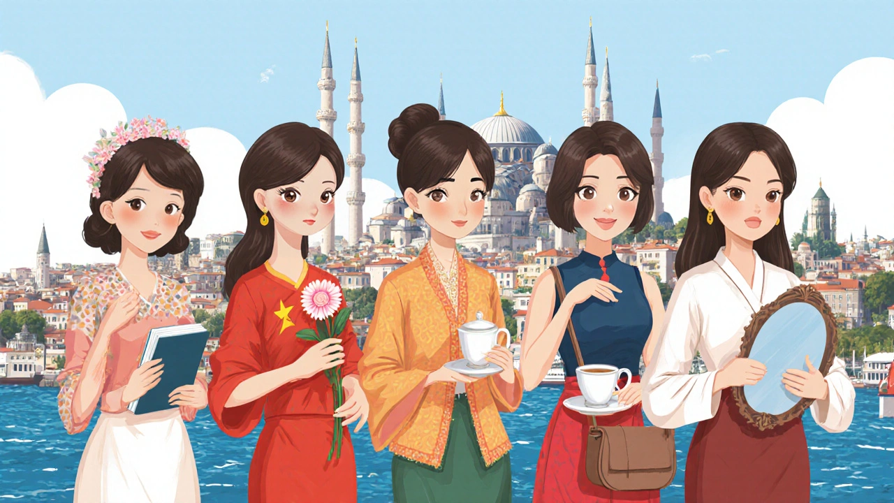 Farklı Asyalı kadınlar, İstanbul manzarasının önünde kendi kültürel sembollerini taşıyor.