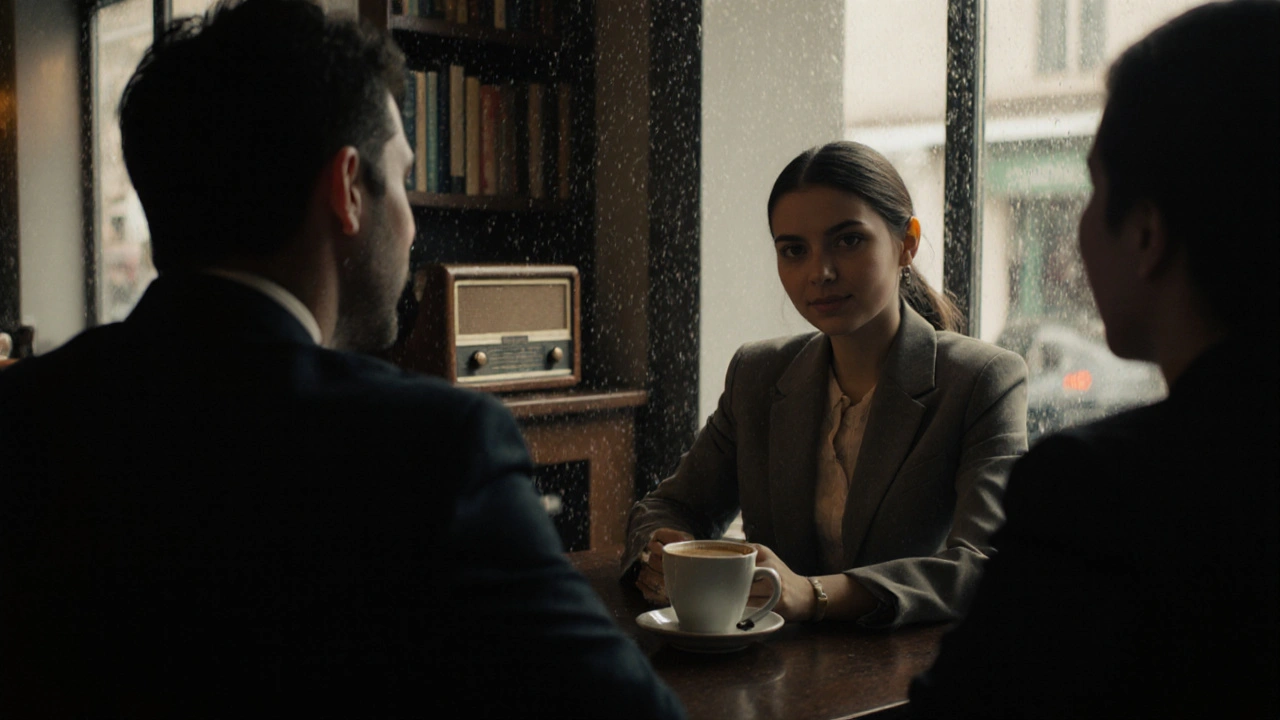 Gebze&#039;de koyu ışıkla aydınlatılmış bir kafede iki kişi sakin bir sohbet yapıyor.