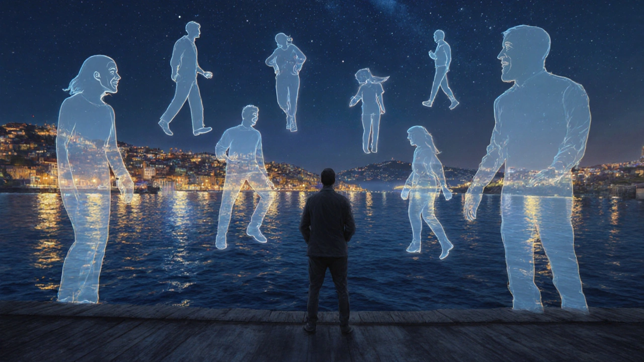 Gece Bosphorus kıyısında tek bir figür, etrafında sohbet eden ve yürüyen şeffaf figürlerle birlikte.