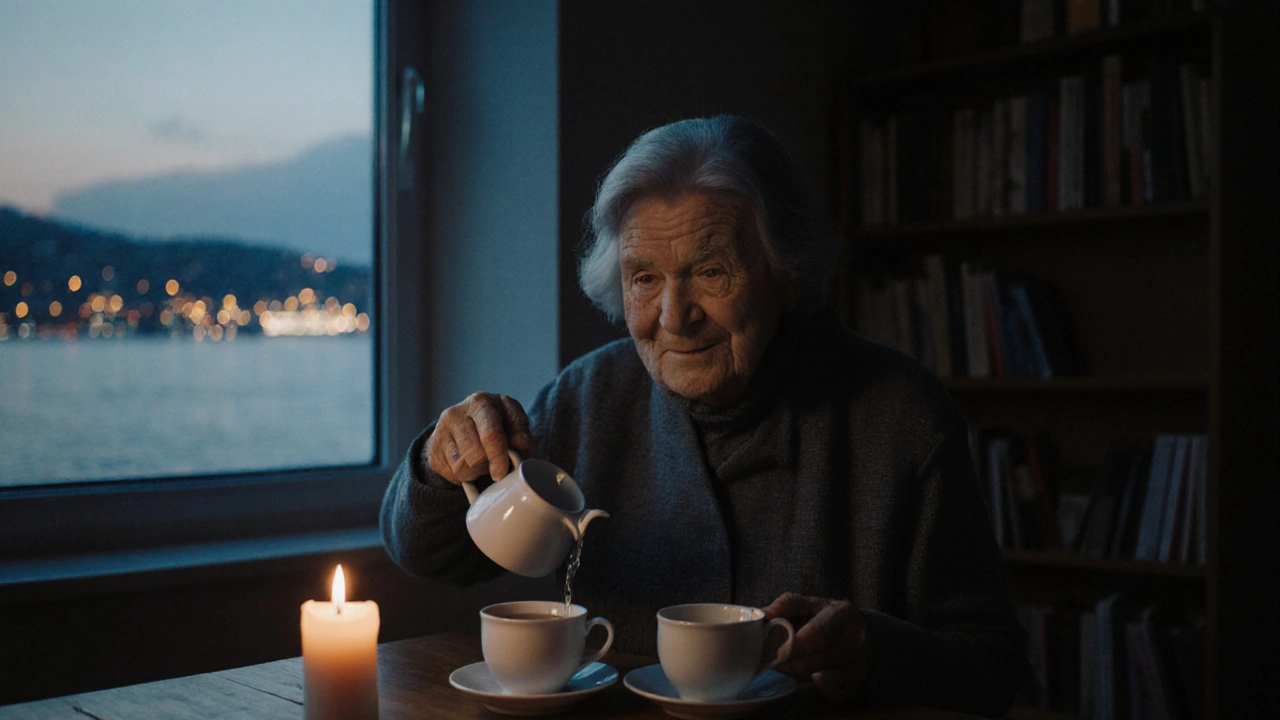 Gümüş saçlı bir kadın, Bosphorus manzaralı bir apartmanda çay ikram ediyor.