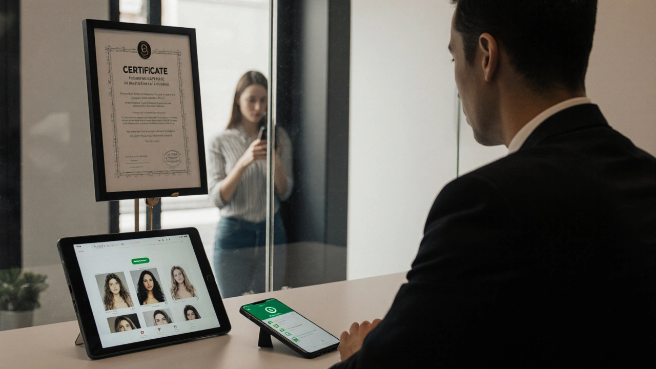 Güvenilir bir ajansın temiz ve modern bekleme alanı, dijital profiller ve WhatsApp ikonu görünüyor.