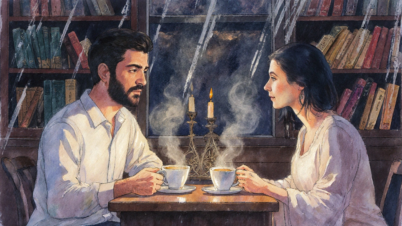 İki kişi bir kafe de sessizce kahve içiyor, sıcak ışık ve kitaplarla çevrili bir ortamda.