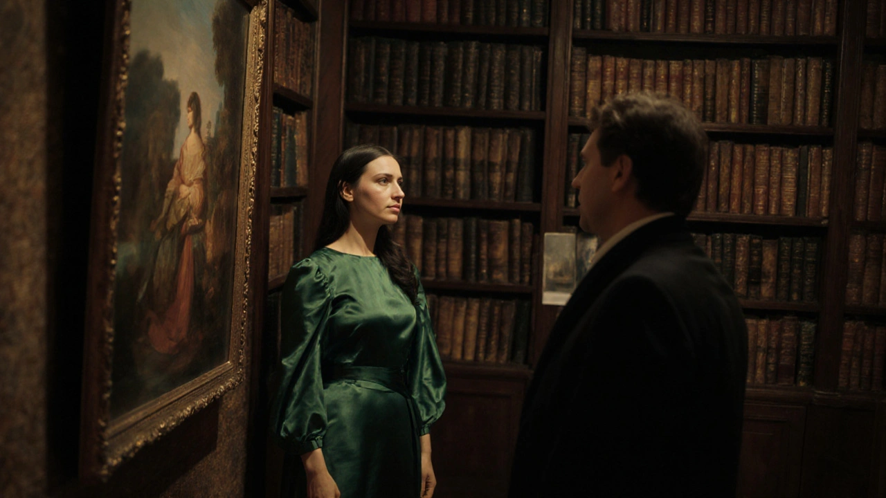 İki kişi, bir sanat sergisinde sessizce bir tabloyu izliyor, içsel bir bağ kurmuş gibi.