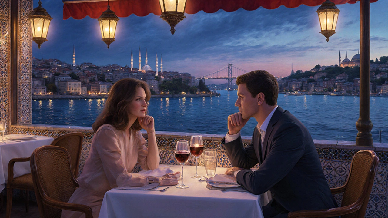 İki kişi, Boğaz kıyısında bir restoranda sohbet ediyor.