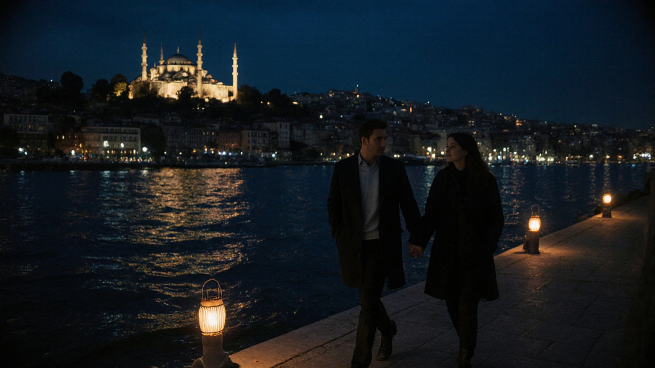 İki kişi, Bosphorus kıyısında gece yürüyüşü yapıyor.