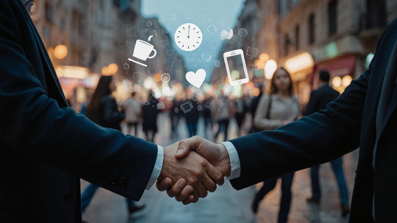 İki kişi Nişantaşı&#039;da el sıkışıyor, etrafları kalabalık ve bulanık, ilişkilerin sembolik temsiliyle.