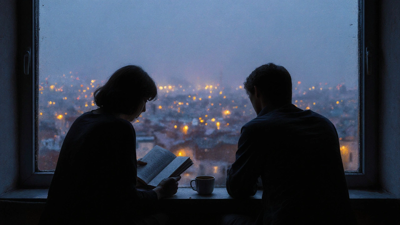 İki kişi, Sancaktepe&#039;nin gece ışıkları önünde balcony&#039;da sessizce yan yana oturuyor.
