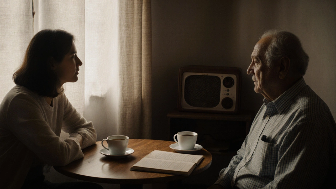 İki kişi, sessizce kahve içiyor ve birbirlerine kulak veriyor.