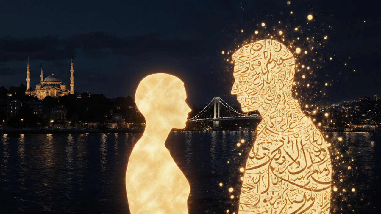 İki siluet arasında sıcak bir ışık bağlantısı, İstanbul&#039;un gece manzarasıyla arka planda.