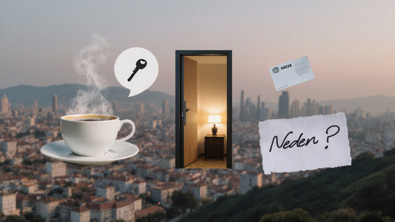 Kahve, otel anahtarı ve &#039;Neden?&#039; yazısı, Gebze&#039;de escort hizmetinin duygusal boyutunu sembolize ediyor.