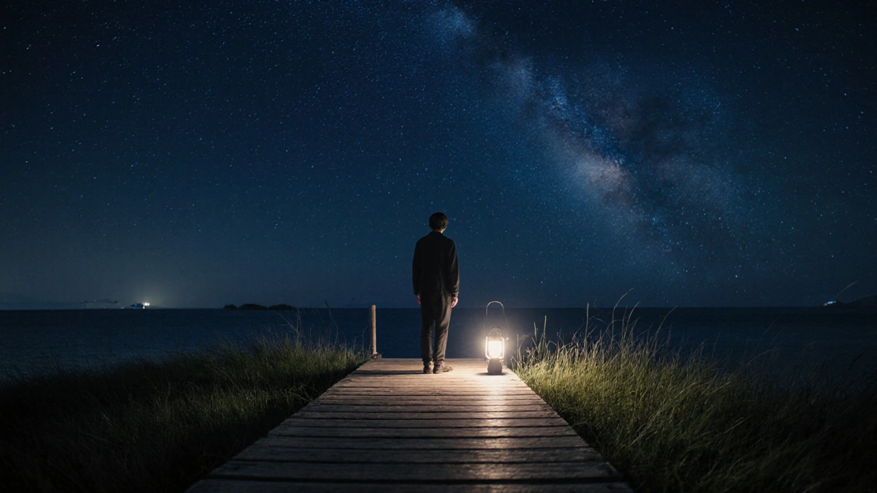 Kumburgaz&#039;da bir iskelede yıldızlı gökyüzü altında tek bir kişi sessizce duruyor.