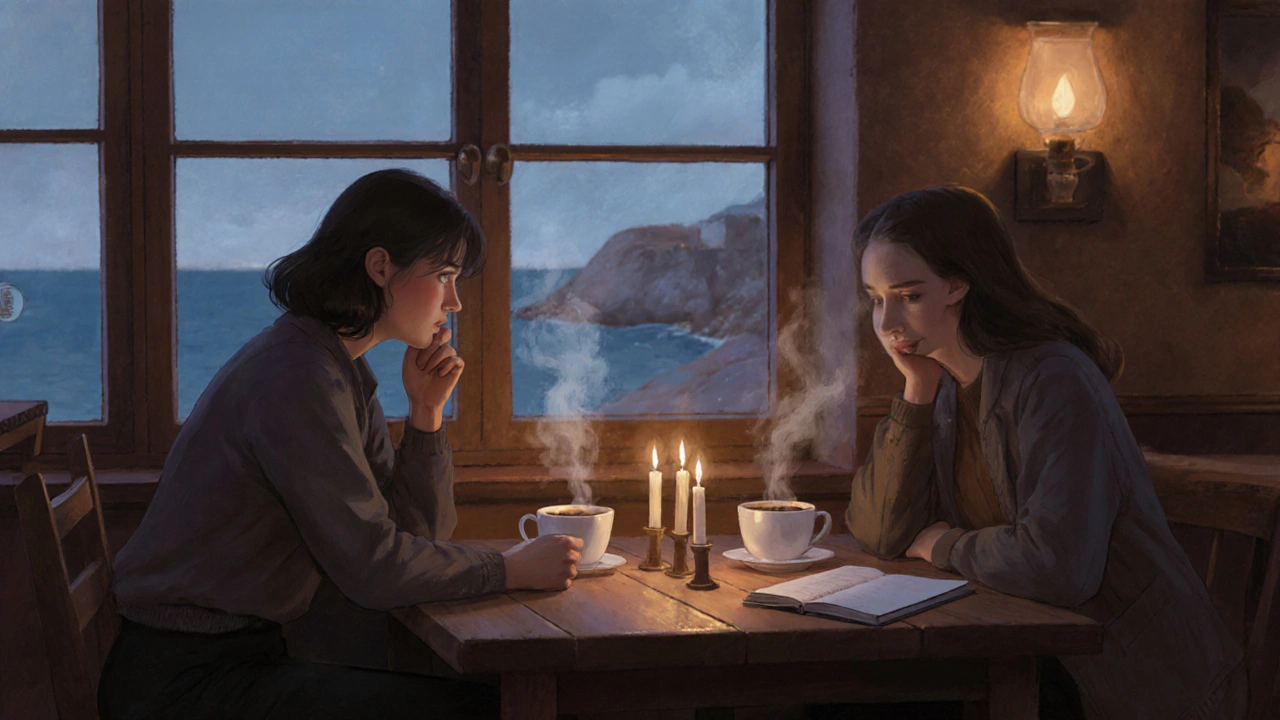 Kumburgaz&#039;da bir kafe&#039;de iki kişi kahve içerek sakin bir sohbet sürüyor.