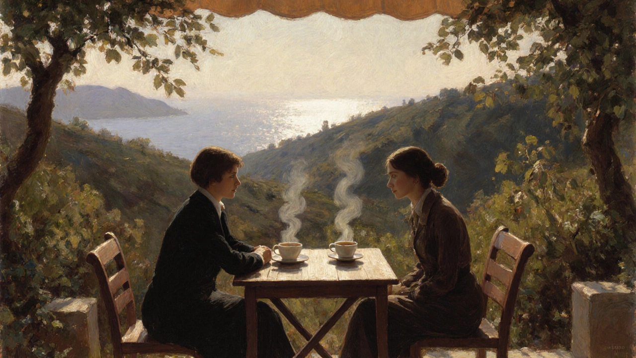 Kumburgaz&#039;da bir kafe&#039;de iki kişi kahve içiyor, doğa ile entegre bir ortam.