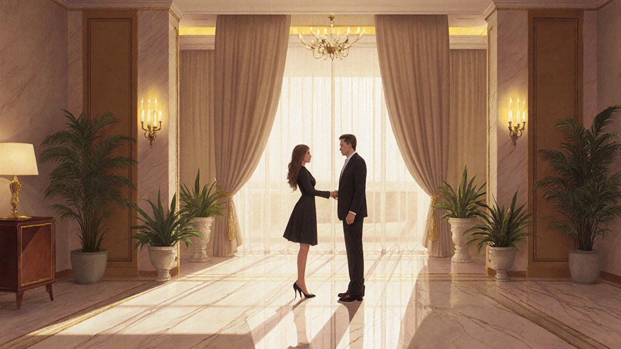 Kumburgaz&#039;da dört yıldızlı bir otelin girişi, bir eşlikçi ve misafir güvenli bir karşılama anı.